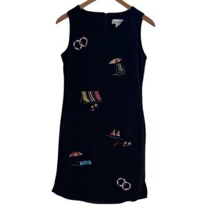 Vintage Dressbarn Linen Beach Sailboat Embroidered Shift Sleeveless Dress Sz 6